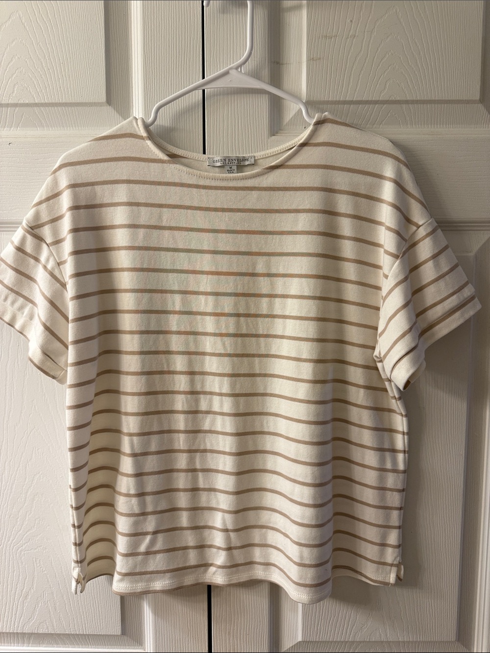 Green Envelope Cream Tee with Tan Stripe Pattern